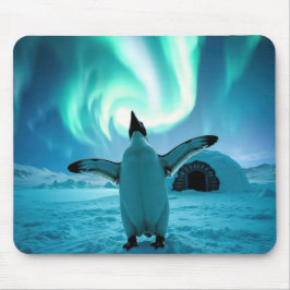 Mousepad Happy Penguin Dancing Under Northern Lights