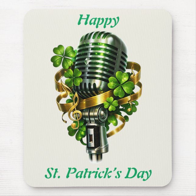 Mousepad Happy St. Patrick’s Day Shamrock & Microphone (Frente)
