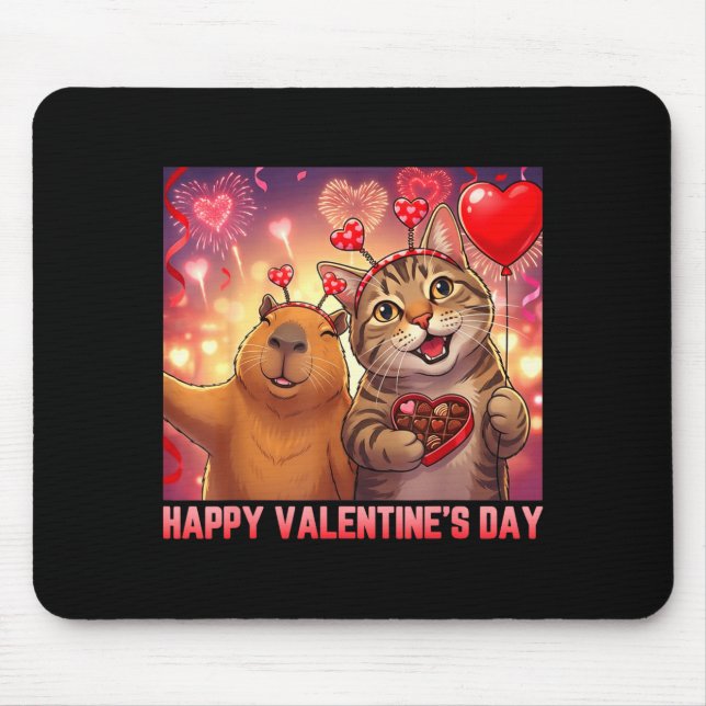 Mousepad Happy Valentines 2026 Cute Cat Capybara Party Art  (Frente)