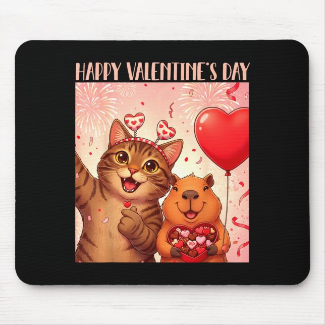 Mousepad Happy Valentines 2026 Cute Cat Capybara Party Art  (Frente)