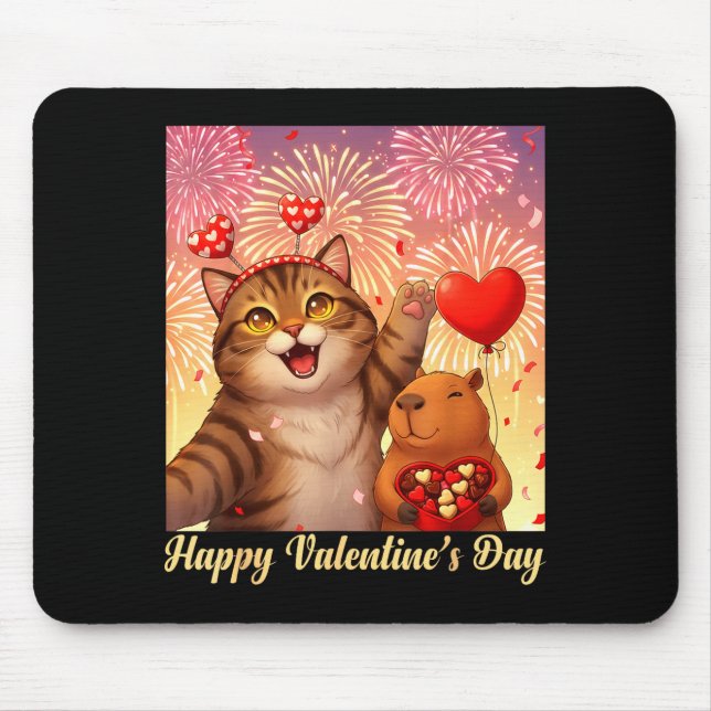 Mousepad Happy Valentines 2026 Cute Cat Capybara Party Art  (Frente)