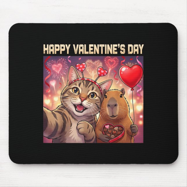 Mousepad Happy Valentines 2026 Cute Cat Capybara Party Art  (Frente)
