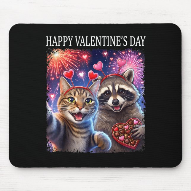 Mousepad Happy Valentines 2026 Cute Cat Raccoon Party Art  (Frente)