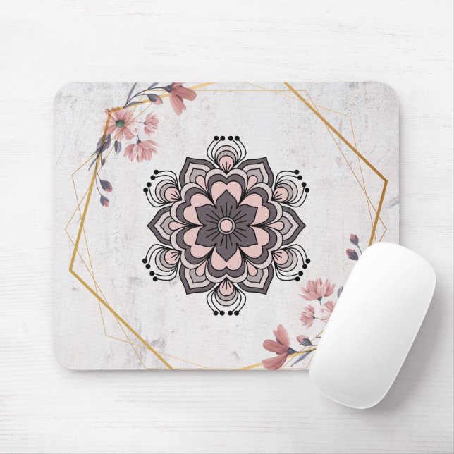 Mousepad Harmonia Calmante - Arte Floral Rosa e Cinza (Com mouse)