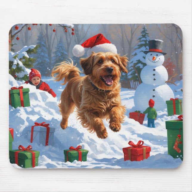 Mousepad Havanese Correndo na Neve com Chapéu de Natal (Frente)