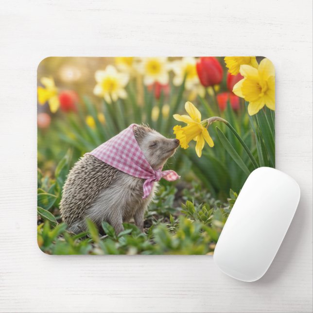 Mousepad Hedgehog Smelling a Yellow Daffodil (Com mouse)