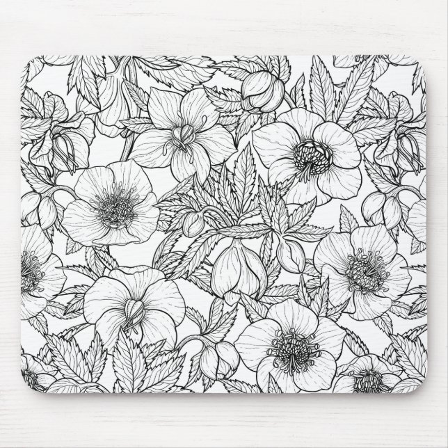 Mousepad Hellebores a preto e branco (Frente)