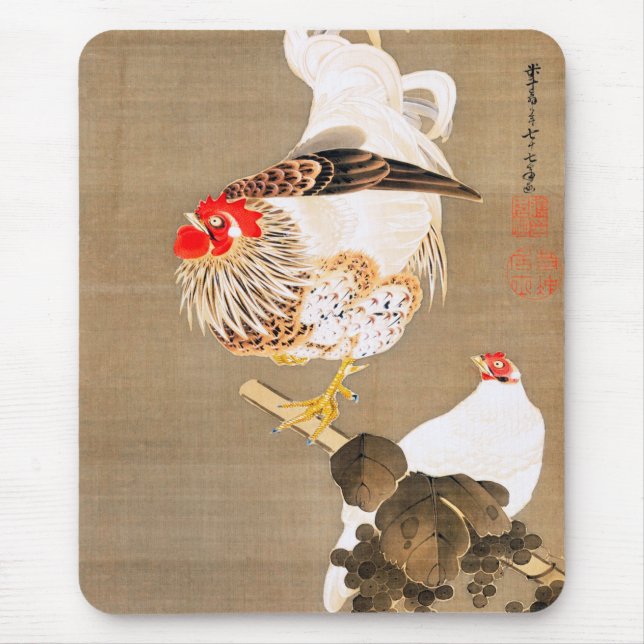 Mousepad Hen e Rooster com Grapevine por Ito Jakuchu (Frente)