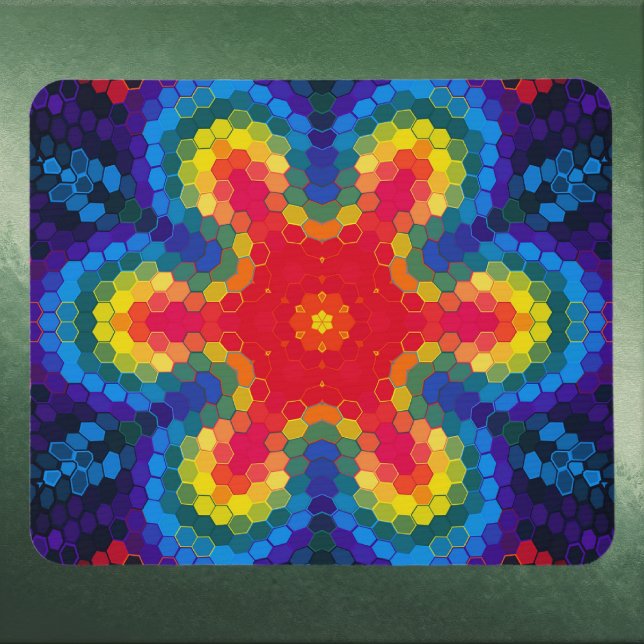 Mousepad Hex Mandala Red Yellow and Blue (Red Yellow and Blue Hexagon Mandala Mouse Pad by Wormhole Orbital)