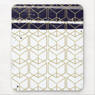Mousepad Hexágono Moderno Glam Geométrico Azul Naval Dourad