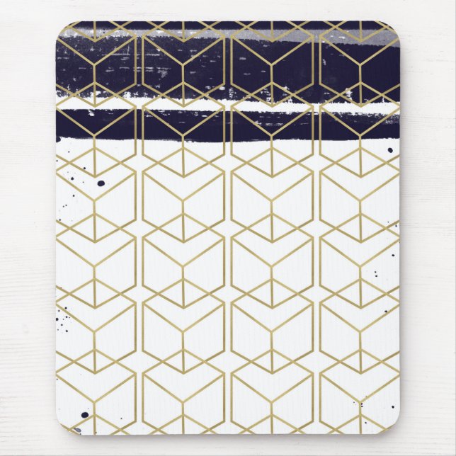 Mousepad Hexágono Moderno Glam Geométrico Azul Naval Dourad (Frente)