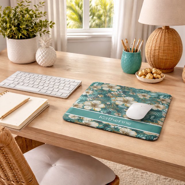 Mousepad Hibisco Tropical Floral Azul Turquesa (Criador carregado)