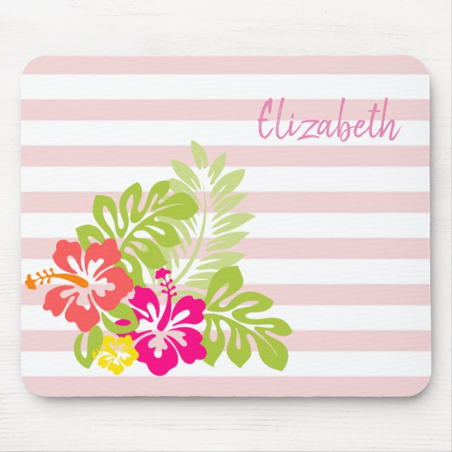 Mousepad Hibiskus Havaiano Adorável, Stripes - Personalizad (Frente)