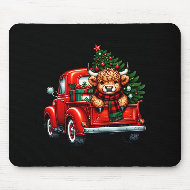 Mousepad Highland Cow In Truck Farm Farmer Christmas Cow Ca (Frente)