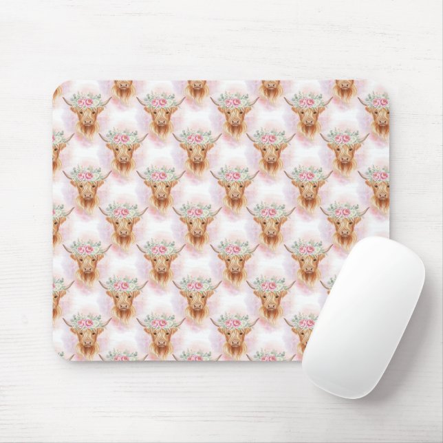 Mousepad Highland Cows Pink Florals Watercolor Trendy (Com mouse)