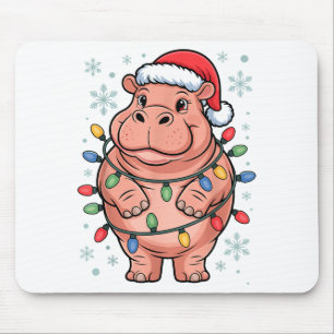 Mousepad Hipopótamo Adorável Envolto em Luz de Natal Chapéu