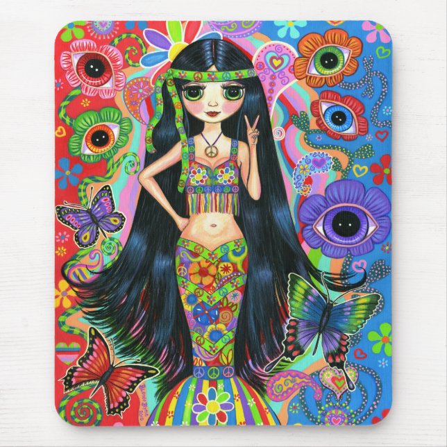 Mousepad Hippie Girl Sereia Psicedélica Colorida Sessenta (Frente)
