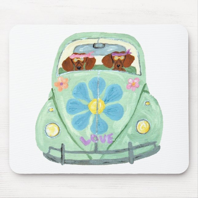 Mousepad Hippies Dachshund em seu Mobile de Amor Florido (Frente)