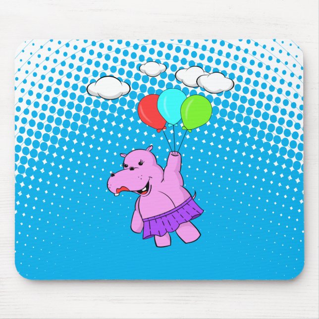 Mousepad Hippo Rosa Voando Com Balões (Frente)