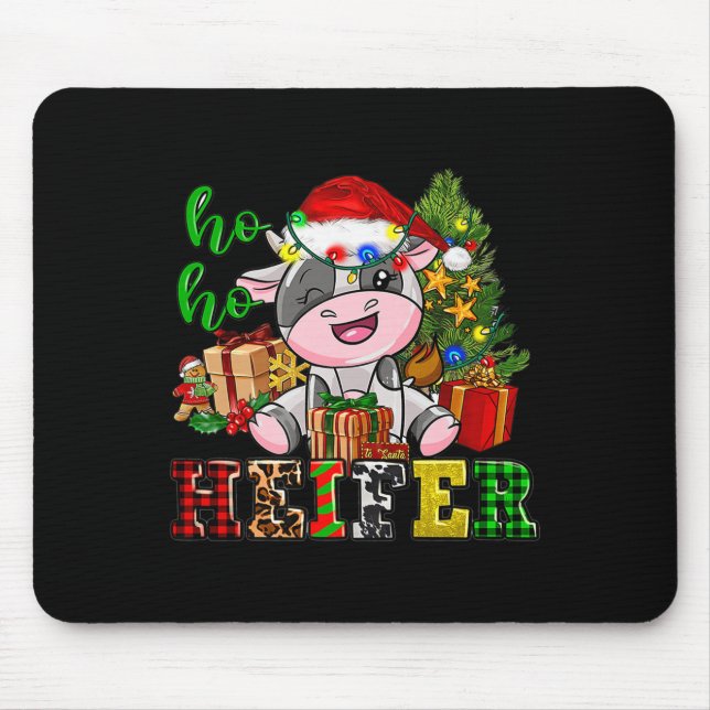 Mousepad Ho Ho Ho Heifer Christmas Cow Santa Hat Farm Life  (Frente)