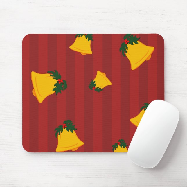 Mousepad Holiday Red Gold Stripe Bells Christmas (Com mouse)