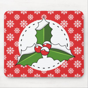 Mousepad Holly Berry sobre Padrões de Neve Brancos Vermelho