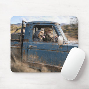Mousepad Homem Idoso e Labrador Retriever em Caminhonete Az