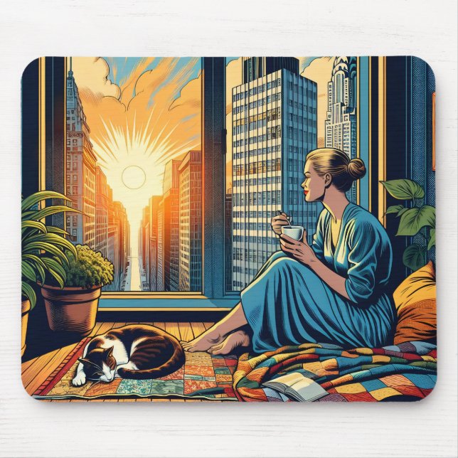 Mousepad Hora da Manhã na Cidade | Mulher Refletindo (Frente)