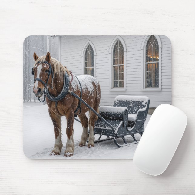 Mousepad Horse Harnessed to a Sleigh By a Church (Com mouse)