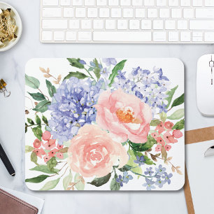 Mousepad Hortênsia Peônia Floral Azul Rosa Aguarela Primave