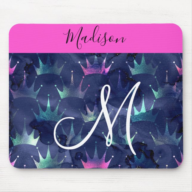 Mousepad Hot Pink Glitter Sparkles Mermaid Crowns Monogram (Frente)