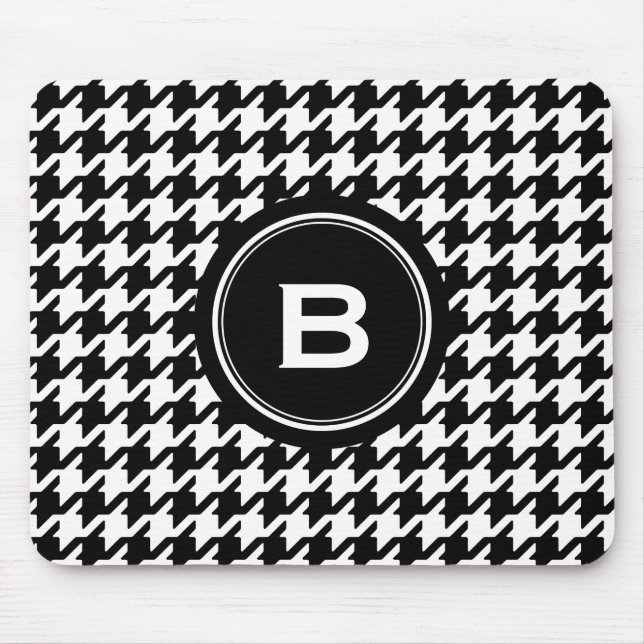 Mousepad Houndstooth preto e branco clássico com monograma (Frente)