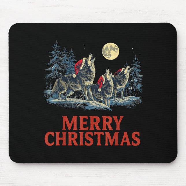 Mousepad Howling Wolves Merry Christmas Holiday Design  (Frente)