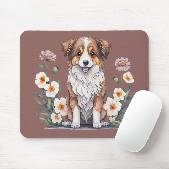 Mousepad Hübscher Collie umringt von Blumen - (Com mouse)