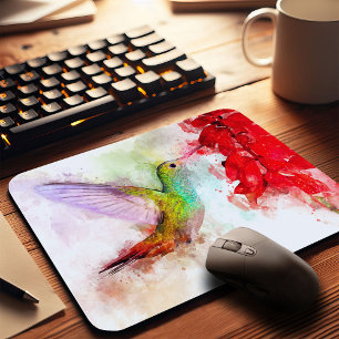 Mousepad Hummingbird com flor Watercolor - 03