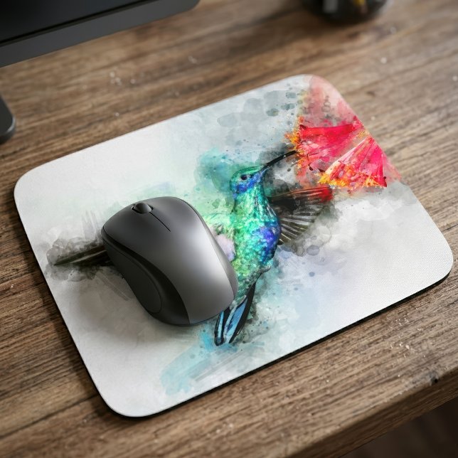 Mousepad Hummingbird voando com flor Watercolor - 01 (Vibrant Hummingbird Watercolor Floral Art Print. Mouse Pad)