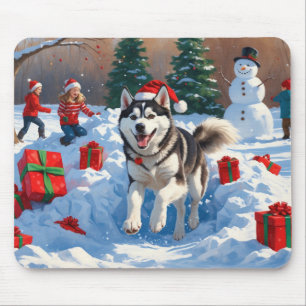 Mousepad Husky Siberiano Correndo na Neve com Chapéu de Nat