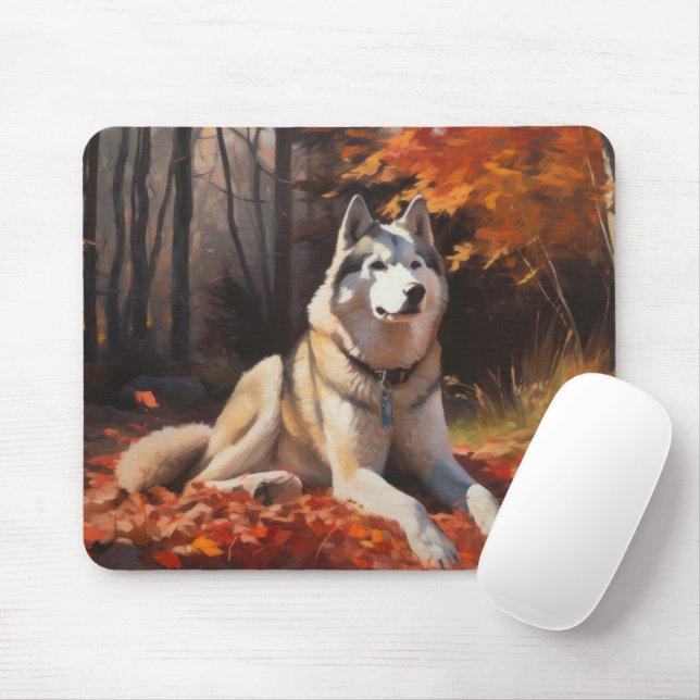 Mousepad Husky Siberiano nas Folhas do outono cai inspirado (Com mouse)