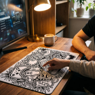 Mousepad Ícones de Jogos de Arte Doodle Branca