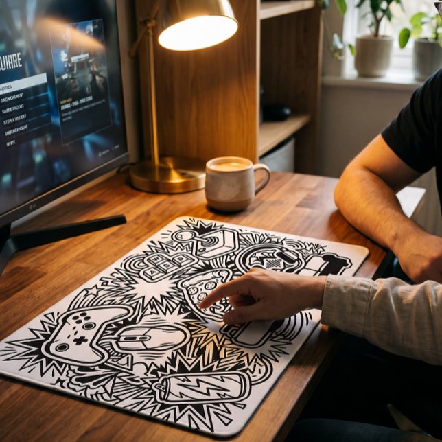 Mousepad Ícones de Jogos White Doodle (Criador carregado)
