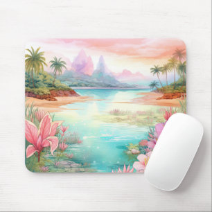 Mousepad Ilha de Praia Tropical Pastel Pôr do Sol Montanhas