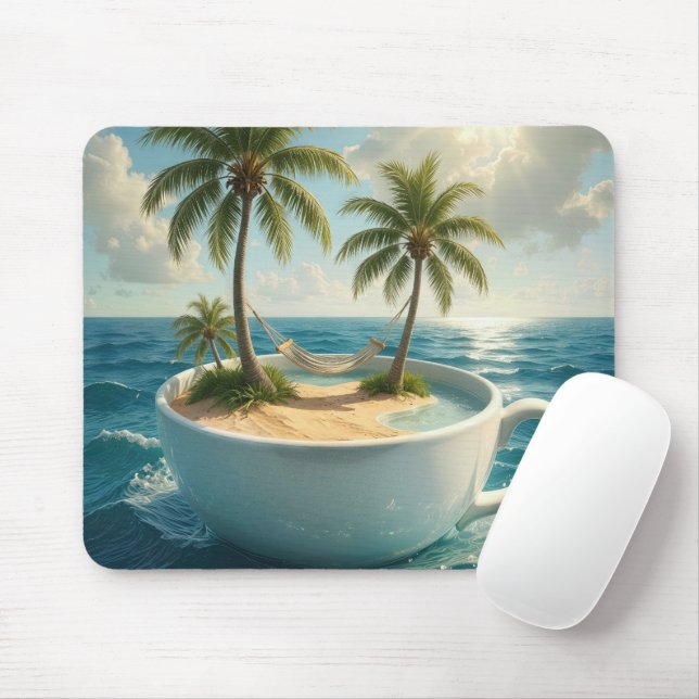 Mousepad Ilha Tropical Com Rede de Descanso numa Xícara (Com mouse)