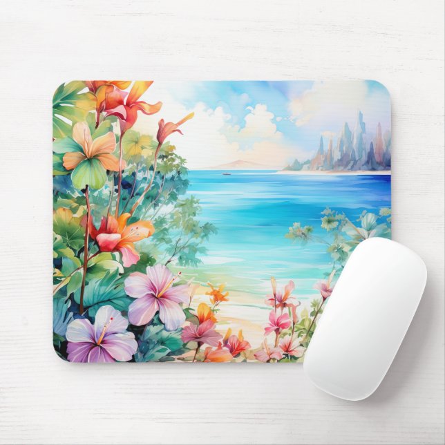Mousepad Ilha Tropical de Hibisco Floral Praia  (Com mouse)
