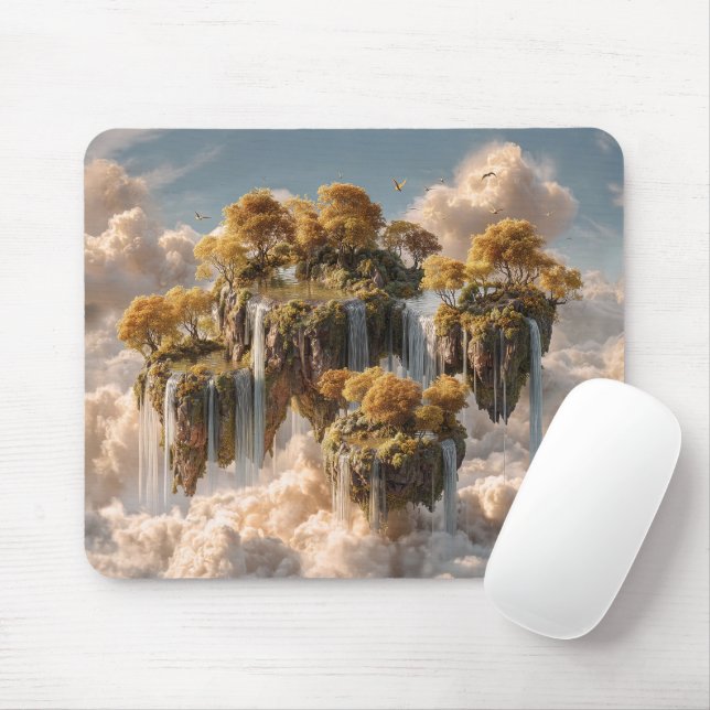 Mousepad Ilhas Flutuantes Surreais Com Árvores Douradas (Com mouse)
