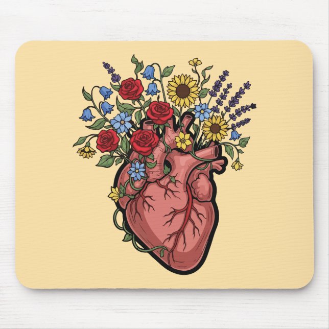 Mousepad Ilustração Anatômica do Coração Floral (Frente)