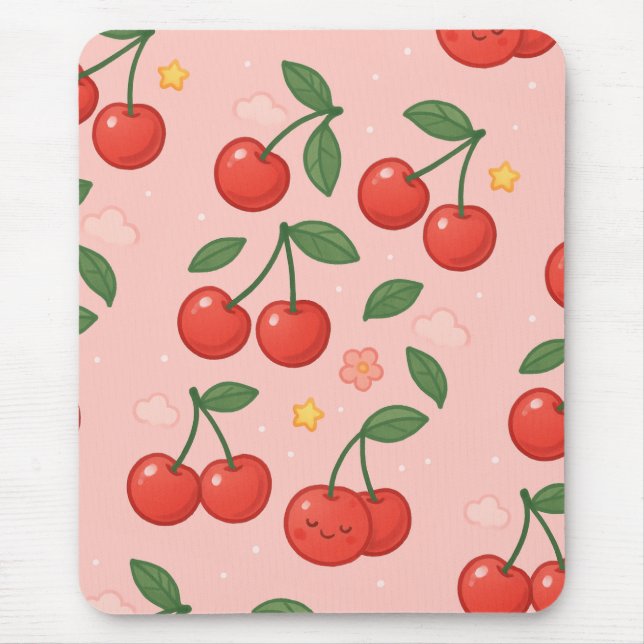 Mousepad Ilustração animada do padrão de cereja Kawaii (Frente)
