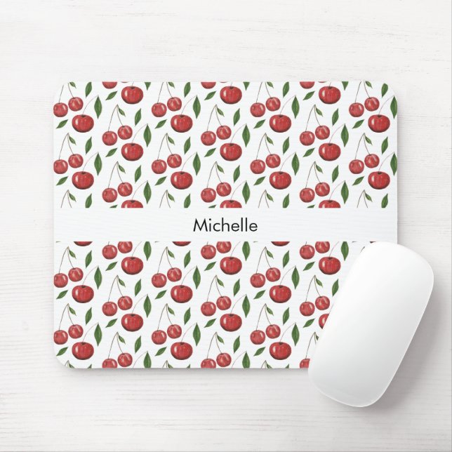 Mousepad Ilustração Aquarela de Cerejas Doces Monogramada (Com mouse)
