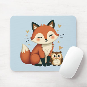 Mousepad Ilustração Caprichosa de Raposa e Coruja na Flores