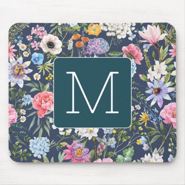 Mousepad Ilustração colorida Bonito inicial Marinho floral (Frente)