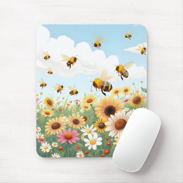 Mousepad Ilustração de abelhas e flores fofas (Com mouse)